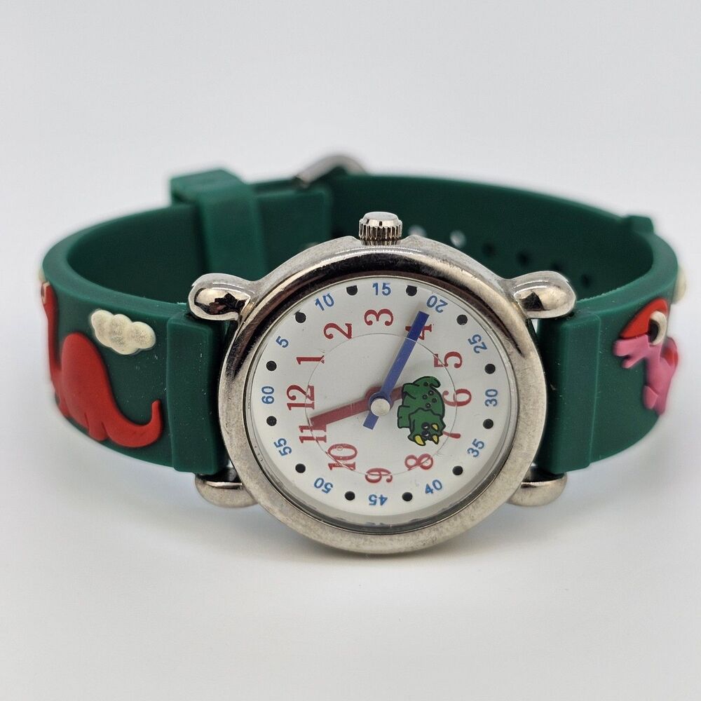 Kids Watch 27MM White Dial Animal Characters Green‎ Plastic Bands New Battery